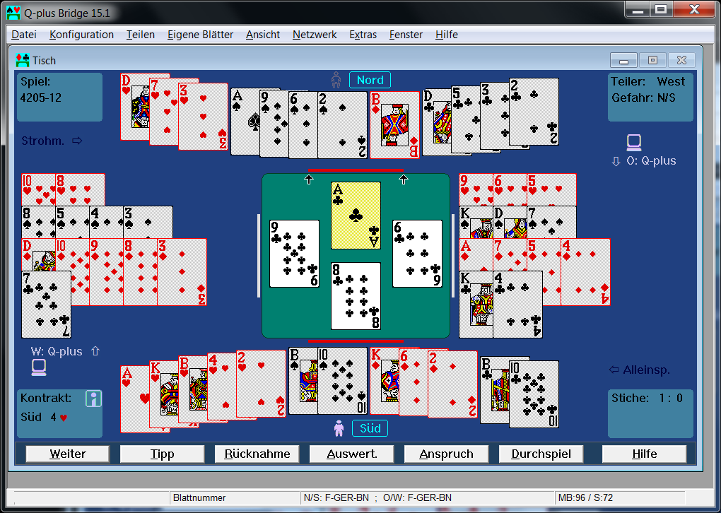 Das Q-Plus Bridge Tischfenster während eines Spiels
